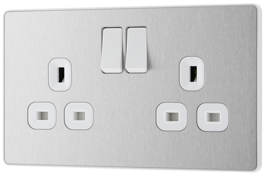 PCDBS22W Front - This Evolve Brushed Steel 13A double switched socket from British General has been designed with angled in line colour coded terminals and backed out captive screws for ease of installation, and fits a 25mm back box making it an ideal retro-fit replacement for existing sockets.