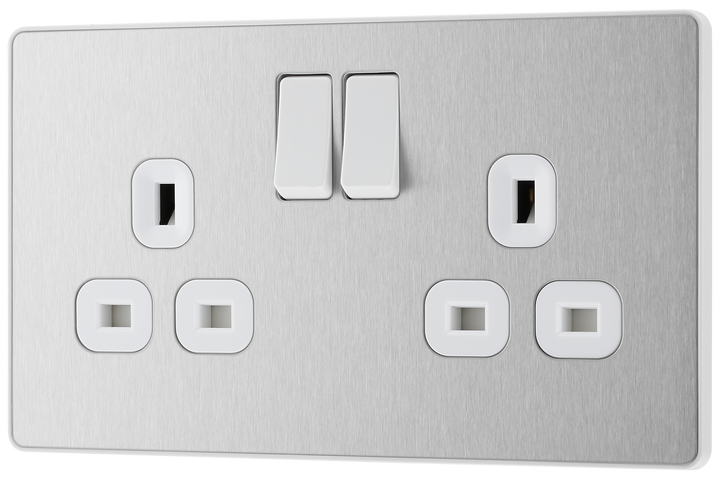 PCDBS22W Front - This Evolve Brushed Steel 13A double switched socket from British General has been designed with angled in line colour coded terminals and backed out captive screws for ease of installation, and fits a 25mm back box making it an ideal retro-fit replacement for existing sockets.