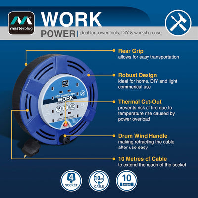 Masterplug MCT1010/4BL Four Socket Cassette Reel Extension Lead, 10 Metres, Blue