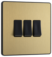 BG Evolve PCDSB43B Satin Brass 3 Gang 20A 16AX 2 Light Switch-Black Insert