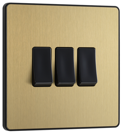 PCDSB43B Front -  This Evolve Satin Brass 20A 16AX triple light switch from British General can operate 3 different lights, whilst the 2 way switching allows a second switch to be added to the circuit to operate the same light from another location (e.g. at the top and bottom of the stairs).