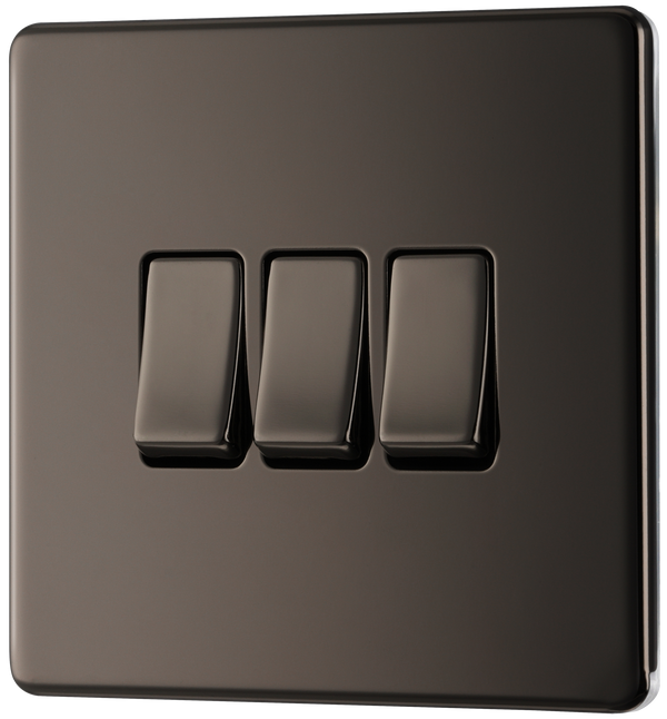 FBN43 Front - This Screwless Flat plate black nickel finish 20A 16AX triple light switch from British General can operate 3 different lights whilst the 2 way switching allows a second switch to be added to the circuit to operate the same light from another location (e.g. at the top and bottom of the stairs).