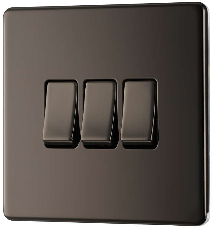 FBN43 Front - This Screwless Flat plate black nickel finish 20A 16AX triple light switch from British General can operate 3 different lights whilst the 2 way switching allows a second switch to be added to the circuit to operate the same light from another location (e.g. at the top and bottom of the stairs).