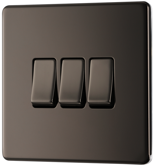 FBN43 Front - This Screwless Flat plate black nickel finish 20A 16AX triple light switch from British General can operate 3 different lights whilst the 2 way switching allows a second switch to be added to the circuit to operate the same light from another location (e.g. at the top and bottom of the stairs).