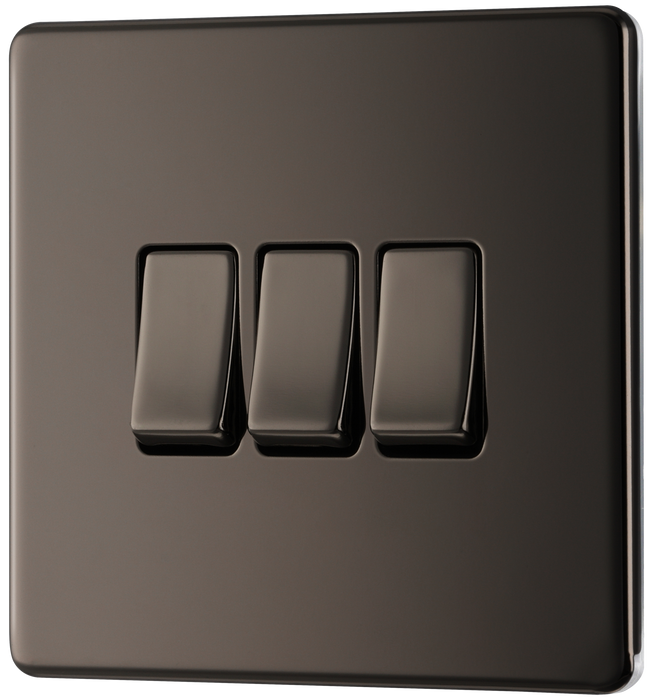 FBN43 Front - This Screwless Flat plate black nickel finish 20A 16AX triple light switch from British General can operate 3 different lights whilst the 2 way switching allows a second switch to be added to the circuit to operate the same light from another location (e.g. at the top and bottom of the stairs).