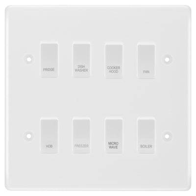 BG White Moulded 8 Gang Custom Labelled Appliance Grid Switch by British General (BG-Nexus-White-Moulded-8G-Appliance)