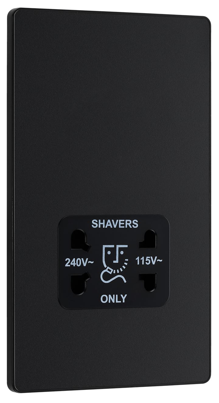 PCDMB20B Front - This Evolve Matt Black dual voltage shaver socket from British General is suitable for use with 240V and 115V shavers and electric toothbrushes.