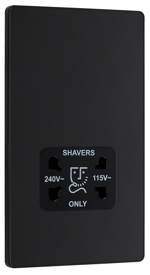 PCDMB20B Front - This Evolve Matt Black dual voltage shaver socket from British General is suitable for use with 240V and 115V shavers and electric toothbrushes.