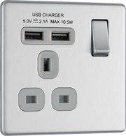 Newlec BG FBS21U2G Nexus Flatplate Screwless Brushed Steel 1 Gang 13A 1 Pole 2x USB-A 2.1A Switched Socket - Grey Insert by Newlec (Newlec-BG-FBS21U2G-Shopify_1)