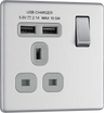 Newlec BG FBS21U2G Nexus Flatplate Screwless Brushed Steel 1 Gang 13A 1 Pole 2x USB-A 2.1A Switched Socket - Grey Insert by Newlec (Newlec-BG-FBS21U2G-Shopify_1)