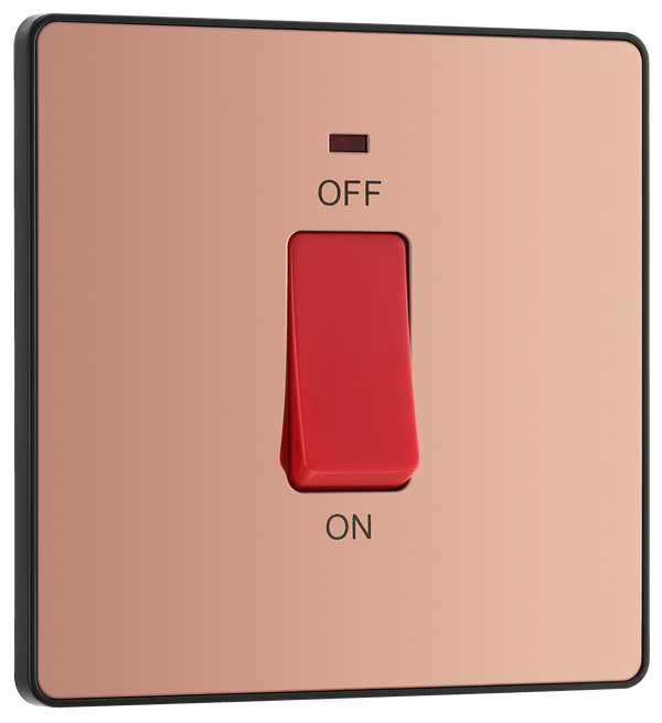 PCDCP74B Front - This Evolve Polished Copper 45A double pole switch with indicator from British General is ideal for use with cookers and ovens.