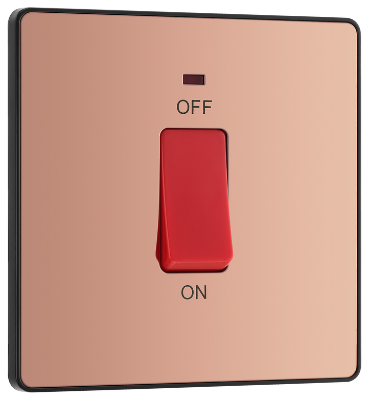 PCDCP74B Front - This Evolve Polished Copper 45A double pole switch with indicator from British General is ideal for use with cookers and ovens.