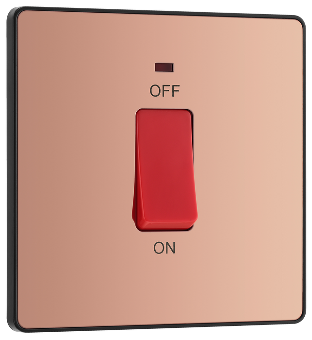 PCDCP74B Front - This Evolve Polished Copper 45A double pole switch with indicator from British General is ideal for use with cookers and ovens.