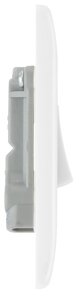 BG 849 White Round Edge 10A Single Architrave Switch marked PRESS 1 Way