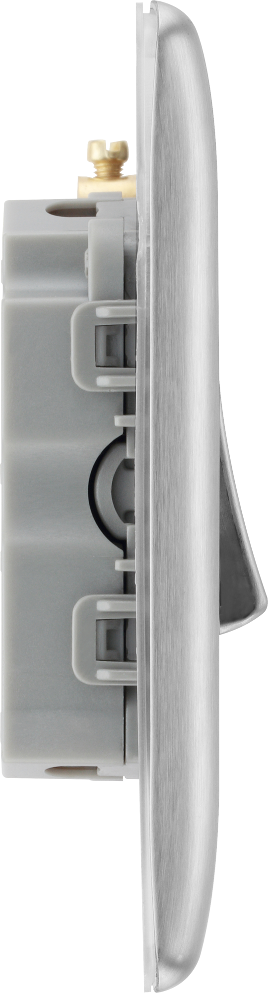 NBS43 Side - This brushed steel finish 20A 16AX triple light switch from British General can operate 3 different lights whilst the 2 way switching allows a second switch to be added to the circuit to operate the same light from another location (e.g. at the top and bottom of the stairs).