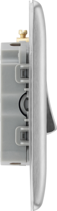 NBS43 Side - This brushed steel finish 20A 16AX triple light switch from British General can operate 3 different lights whilst the 2 way switching allows a second switch to be added to the circuit to operate the same light from another location (e.g. at the top and bottom of the stairs).