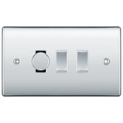 BG Nexus Polished Chrome 3 Gang Switch 1x Trailing Edge LED Dimmer 2x Intermediate Custom Grid Switch by British General (BG-Nexus-PC-3G-CUSTOM-1x-Dimmer-2x-INT)