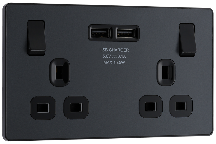 PCDMG22U3B Front - This Evolve Matt Grey 13A double power socket from British General comes with two USB charging ports, allowing you to plug in an electrical device and charge mobile devices simultaneously without having to sacrifice a power socket.