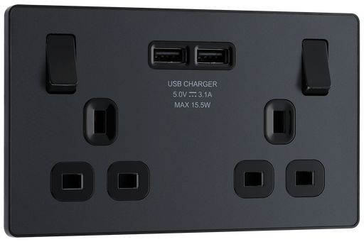 PCDMG22U3B Front - This Evolve Matt Grey 13A double power socket from British General comes with two USB charging ports, allowing you to plug in an electrical device and charge mobile devices simultaneously without having to sacrifice a power socket.