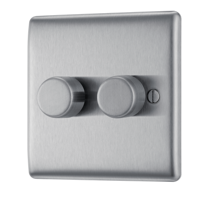 BG NBS82 Nexus Metal Brushed Steel 2 Gang 200W 2 Way Trailing Edge Push Type Dimmer Switch