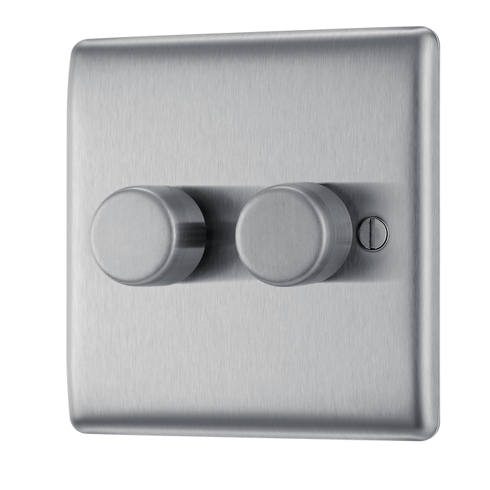 NBS82 Front -This trailing edge double dimmer switch from British General allows you to control your light levels and set the mood. The intelligent electronic circuit monitors the connected load and provides a soft-start with protection against thermal,