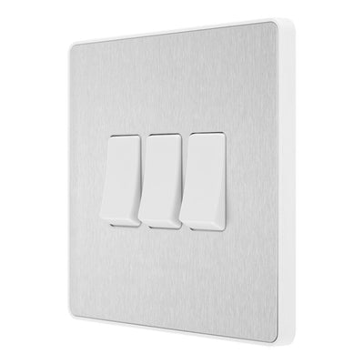 BG Evolve Brushed Steel 3 Gang 20A 16AX 2 Way Light Switch PCDBS43W with 35mm Steel Back Box