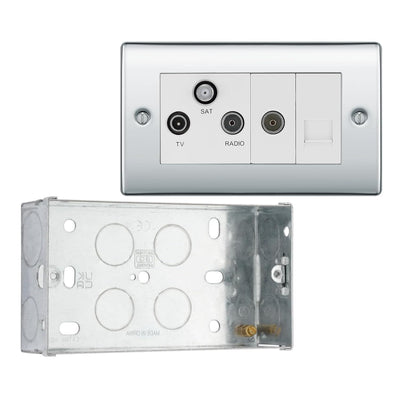 BG Nexus Polished Chrome Triplex TV/FM/Sat Socket + Return & Tel. NPC68 with 35mm Steel Back Box