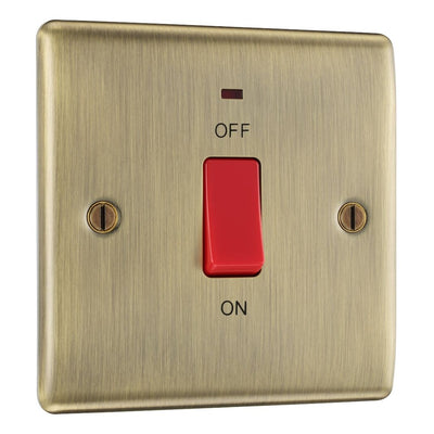 BG Nexus Antique Brass Single Plate 45A DP Neon Cooker Switch with Surface Pattress Back Box