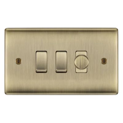 BG Nexus Antique Brass 3 Gang Light Switch Grid – 1x Trailing-Edge LED Dimmer, 1x Intermediate, 1x 2-Way Switch by British General (BG-Nexus-AB-3G-1x-Dimmer-1x-INT-1x-2Way)