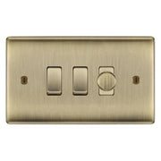 BG Nexus Antique Brass 3 Gang Light Switch Grid – 1x Trailing-Edge LED Dimmer, 1x Intermediate, 1x 2-Way Switch by British General (BG-Nexus-AB-3G-1x-Dimmer-1x-INT-1x-2Way)