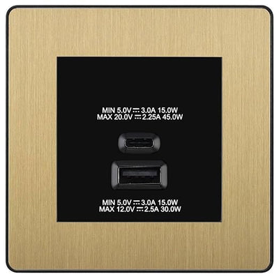 BG Evolve Satin Brass 45W USB Wall Socket Euro Module USB-A & C - Black Insert by British General (BG-PCDSBEMS2B+EMUSBAC45B)