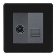 BG Screwless Matt Black TV Aerial & BT Telephone Outlet Plate — Grey Insert