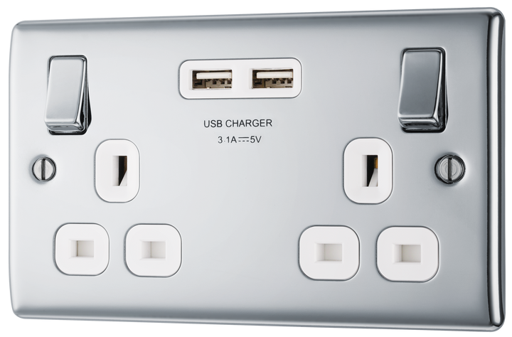 NPC22U3W Front - This 13A double power socket from British General comes with two USB charging ports, allowing you to plug in an electrical device and charge mobile devices simultaneously without having to sacrifice a power socket.