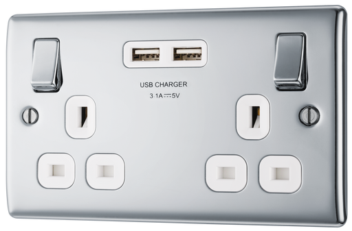 NPC22U3W Front - This 13A double power socket from British General comes with two USB charging ports, allowing you to plug in an electrical device and charge mobile devices simultaneously without having to sacrifice a power socket.