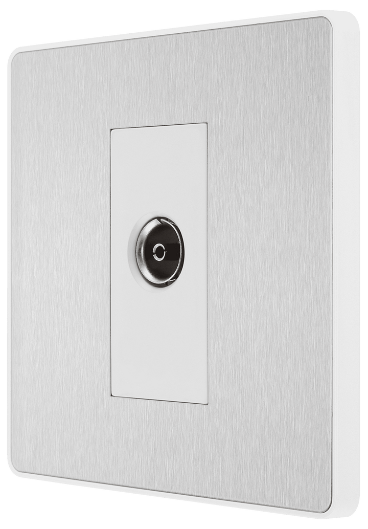 PCDBS60W Side - This Evolve Brushed Steel single coaxial socket from British General can be used for TV or FM aerial connections.