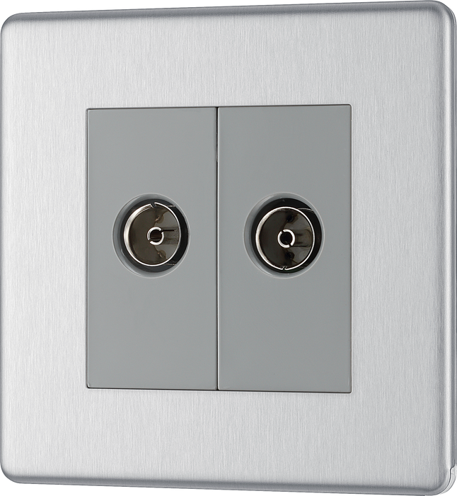FBS63 Front - This isolated coaxial socket from British General has 2 connection points for TV or FM coaxial aerial connections. An isolated aerial connection is ideal for use where a communal dish or aerial is used such as in a block of flats.