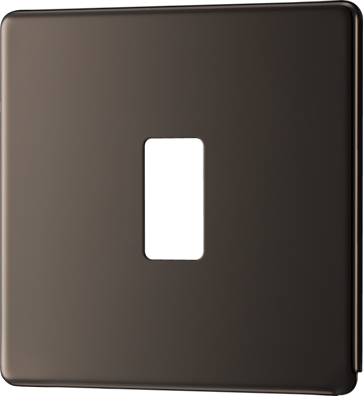 RFBN1 Front - This black nickel finish front plate has a screwless flat clip on front plate for a seamless finish and can accommodate 1 Grid module 