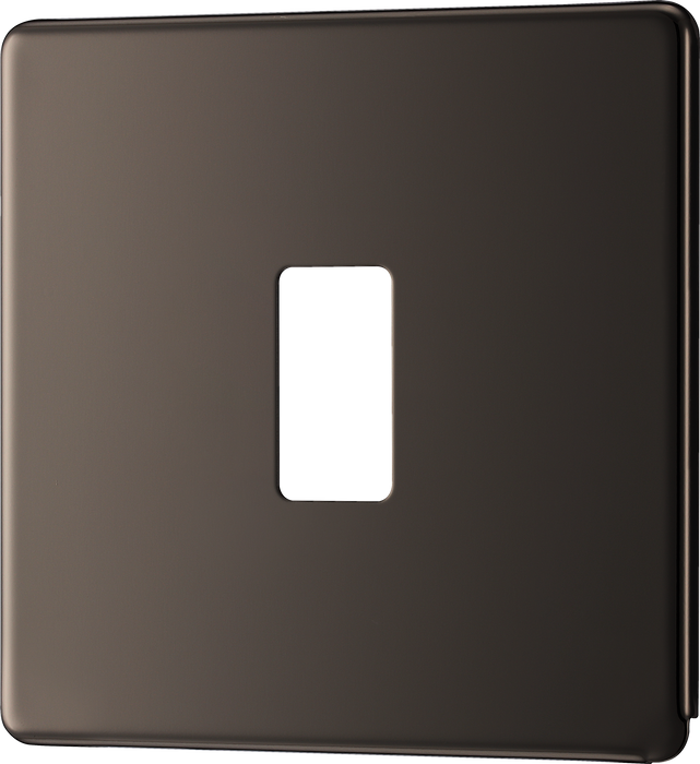 RFBN1 Front - This black nickel finish front plate has a screwless flat clip on front plate for a seamless finish and can accommodate 1 Grid module 