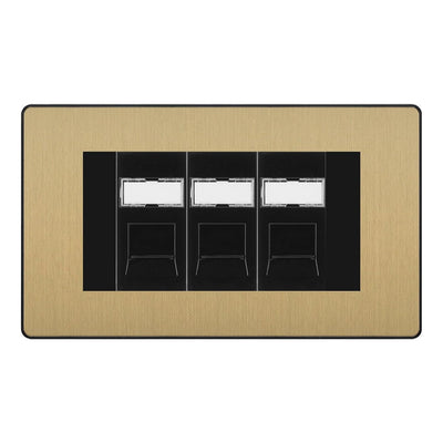 BG Evolve Satin Brass 3 Gang RJ45 Cat6 Data Socket Outlet Black Inserts