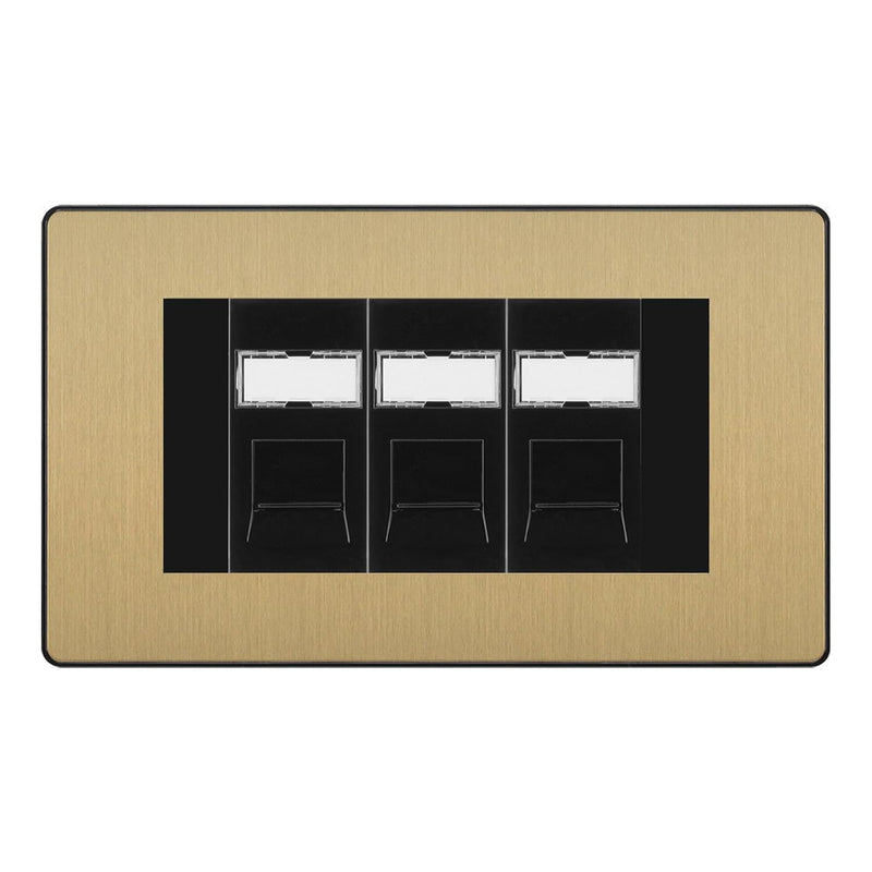 BG Evolve Satin Brass 3 Gang RJ45 Cat6 Data Socket Outlet Black Inserts