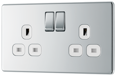 BG FPC22W Nexus Screwless Flat-Plate Double Switched Plug Socket Polished Chrome White Inserts 13A