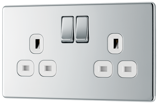 FPC22W Front - This Screwless Flat plate polished chrome finish 13A double switched socket from British General has a sleek flat profile that clips on and off for a screwless premium finish with no visible plastic around the switch.