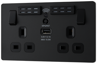 PCDMB22UWRB Front - This Evolve Matt Black 13A double power socket with integrated Wi-Fi Extender from British General will eliminate dead spots and expand your Wi-Fi coverage. 