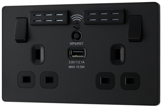 PCDMB22UWRB Front - This Evolve Matt Black 13A double power socket with integrated Wi-Fi Extender from British General will eliminate dead spots and expand your Wi-Fi coverage. 