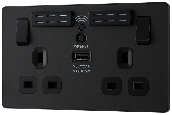 PCDMB22UWRB Front - This Evolve Matt Black 13A double power socket with integrated Wi-Fi Extender from British General will eliminate dead spots and expand your Wi-Fi coverage. 