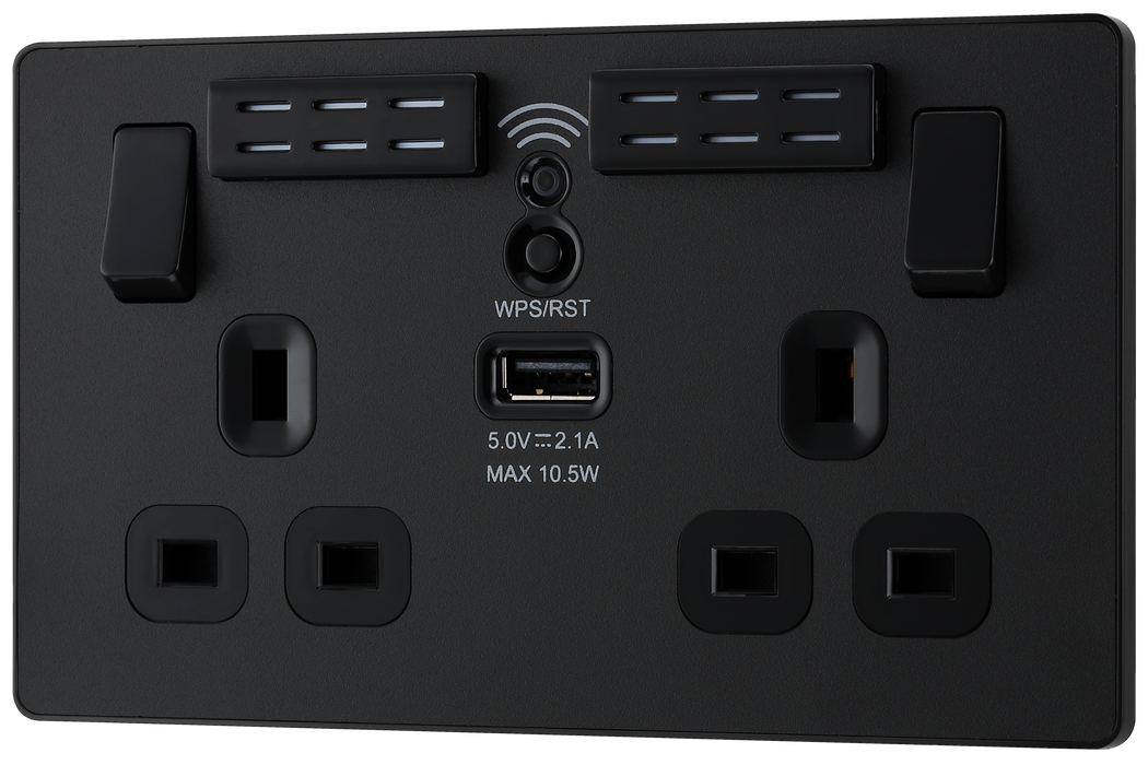 PCDMB22UWRB Front - This Evolve Matt Black 13A double power socket with integrated Wi-Fi Extender from British General will eliminate dead spots and expand your Wi-Fi coverage. 