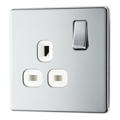BG Screwless Polished Chrome 13A Single Switched Socket FPC21W with 35mm Steel Back Box