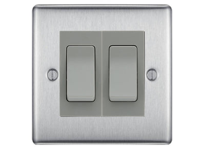 BG Nexus Brushed Steel 2 Gang Intermediate Light Switch Custom Grid – Grey Insert by British General (BG-Nexus-BS-2G-Combo-2x INT-GR)