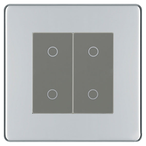 BG Nexus Screwless Polished Chrome Double Secondary Touch Dimmer Switch Grey Inserts FPCTDS2G