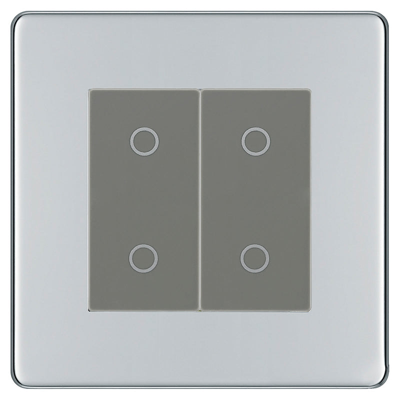 BG Nexus Screwless Polished Chrome Double Secondary Touch Dimmer Switch Grey Inserts FPCTDS2G
